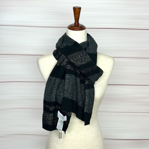 NWOT Eric Bompard Cashmere Long Scarf Knit Black and Silver 74x10” - Picture 5 of 9